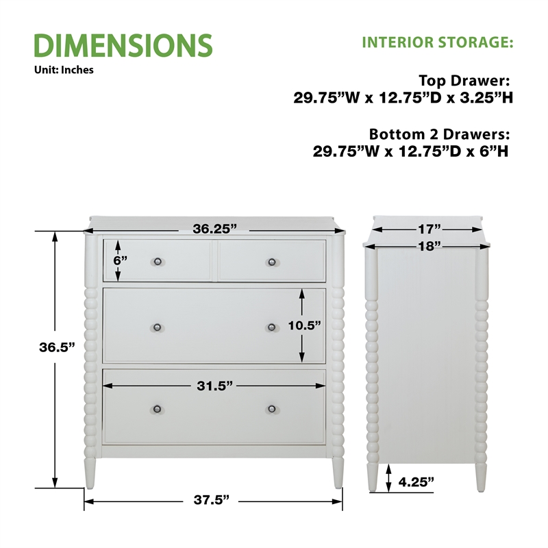 Spindle 3-Drawer Chest in Engineered Wood Sandcastle Antique White Finish
