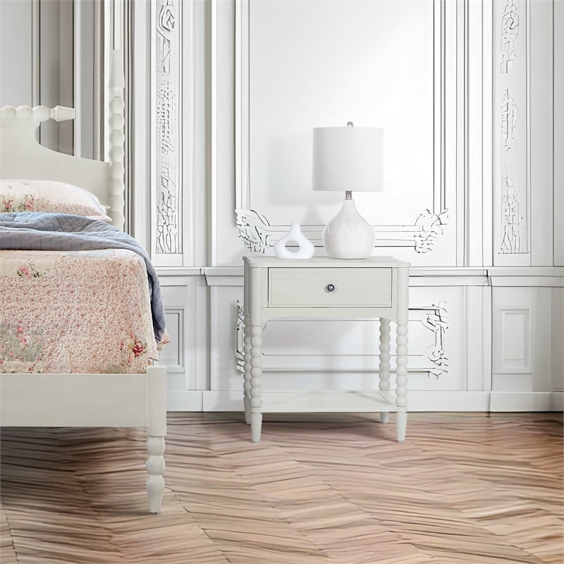 Spindle Single Drawer Night Stand in Engineered Wood Sandcastle Antique White