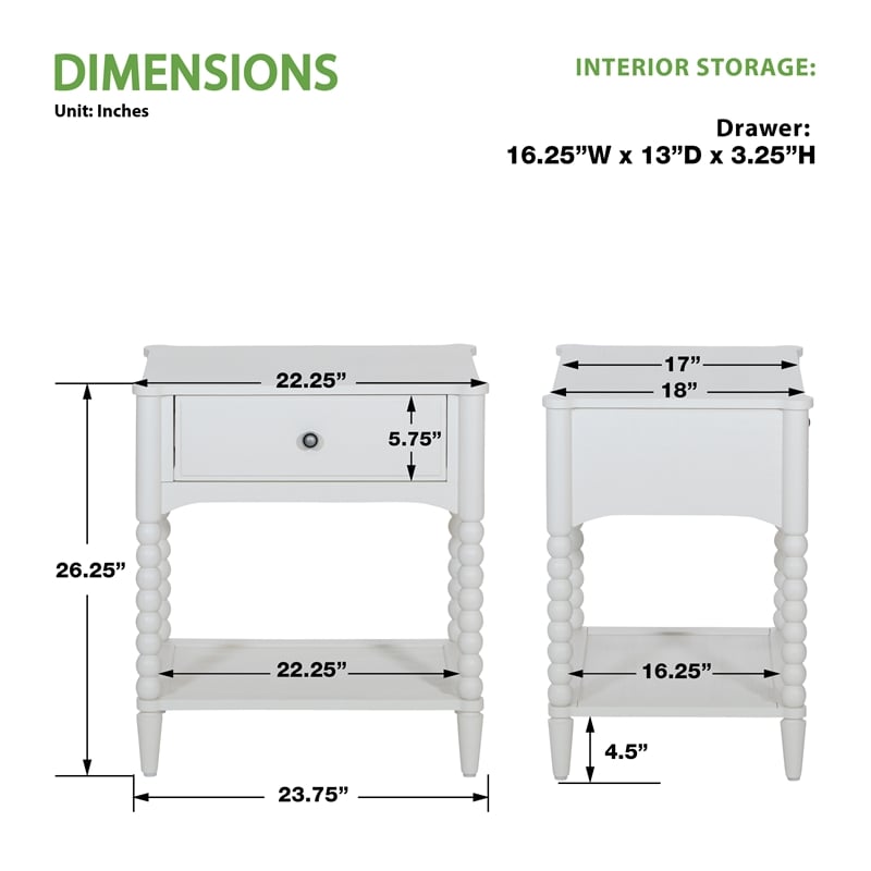 Spindle Single Drawer Night Stand in Engineered Wood Sandcastle Antique White