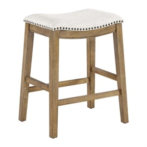 Saddle Stool 24&quot in Linen White Fabric With Medium Oak Wood Finish 2-Pack