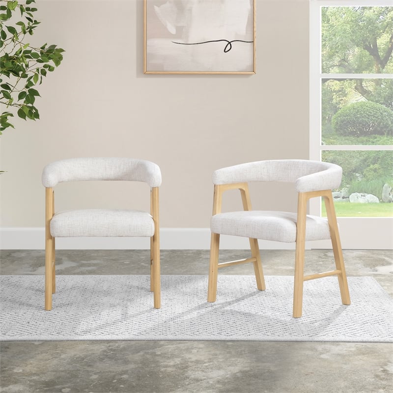Kayley Dining Chair in Linen White Fabric with Natural Wood Finish 2-Pack