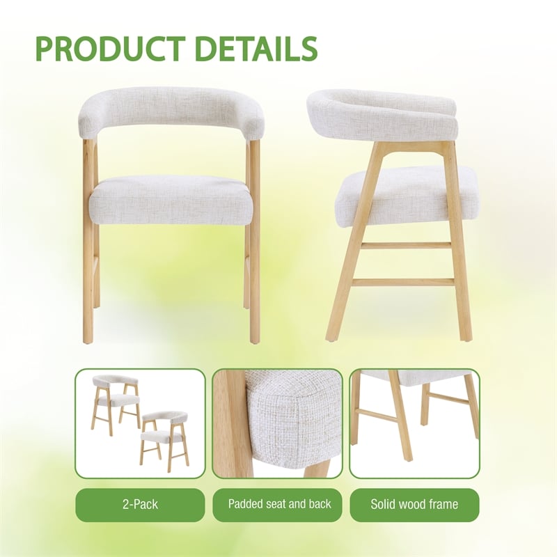 Kayley Dining Chair in Linen White Fabric with Natural Wood Finish 2-Pack