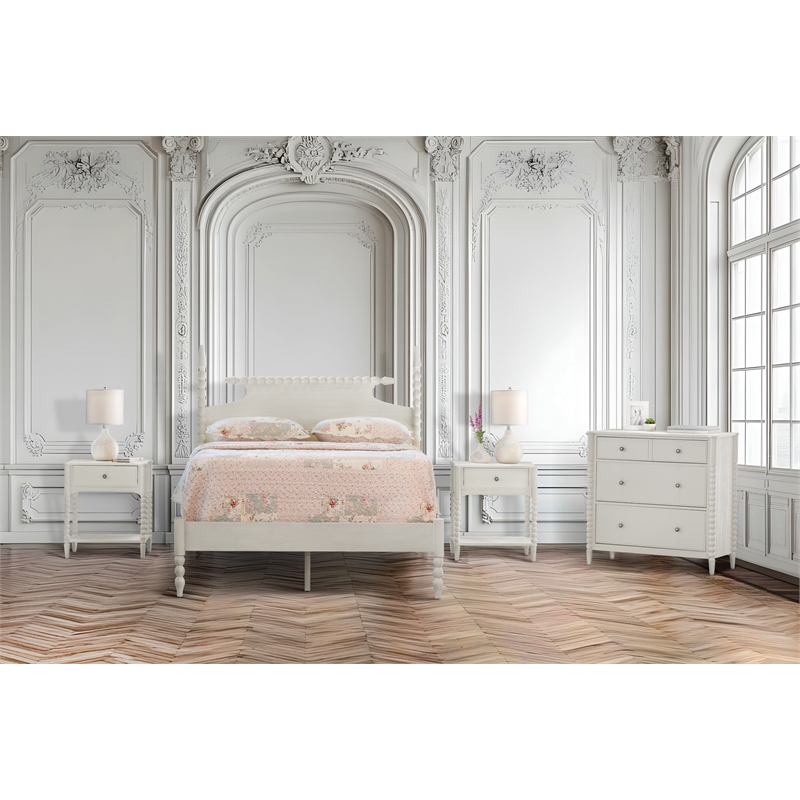 Spindle Queen Bed 2 Night Stands and 1 Three Drawer Chest in Sandcastle White