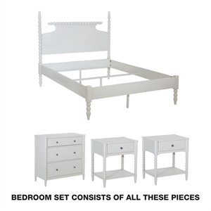 Spindle Queen Bed 2 Night Stands and 1 Three Drawer Chest in Sandcastle White