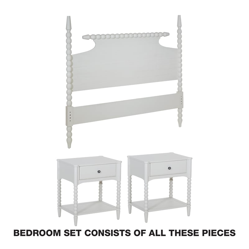 Spindle Queen Bed Set  I Queen Headboard and 2 Night Stands in White Finish