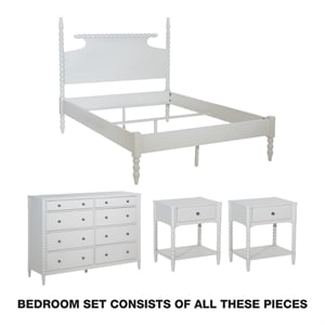 Spindle Queen Bed Complete Set 2 Night Stands and 1 8-Drawer Dresser in White