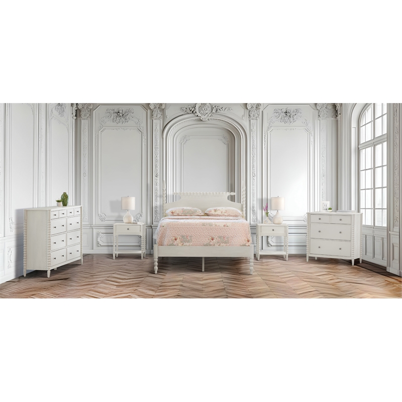 Spindle Queen Bed Set 2 Night Stand 1 8-Drawer Dresser 1 3-drawer Chest in White