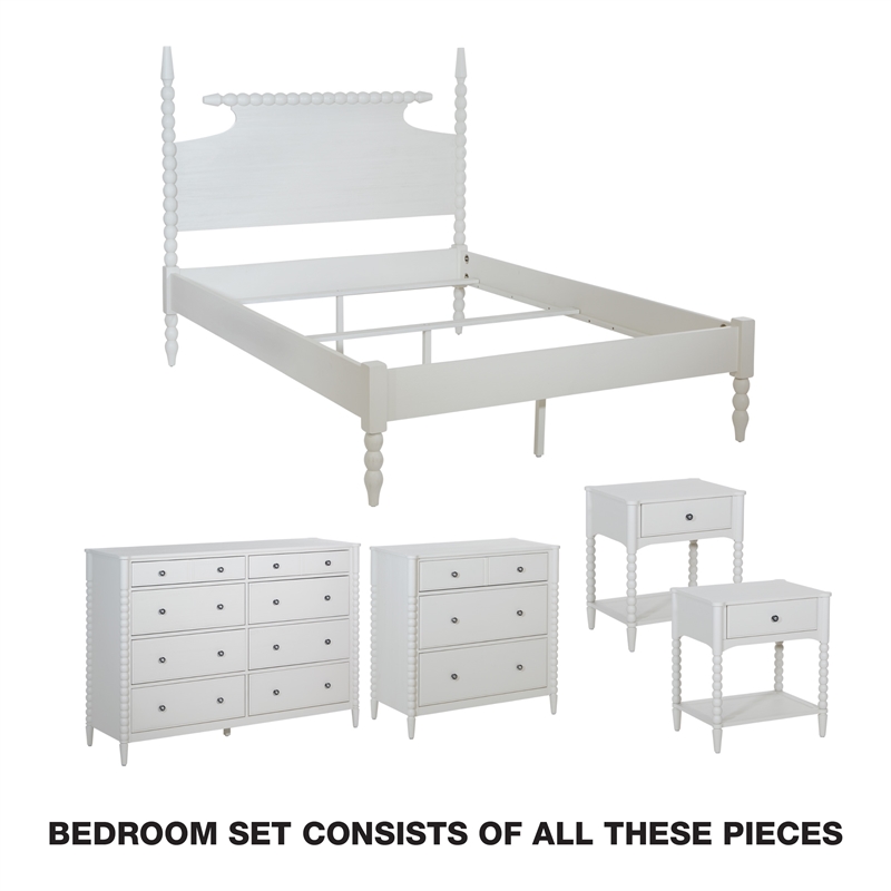Spindle Queen Bed Set 2 Night Stand 1 8-Drawer Dresser 1 3-drawer Chest in White