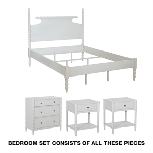 Spindle King Bed Complete Set 2 Night Stands 1 3-Drawer Chest in White Finish