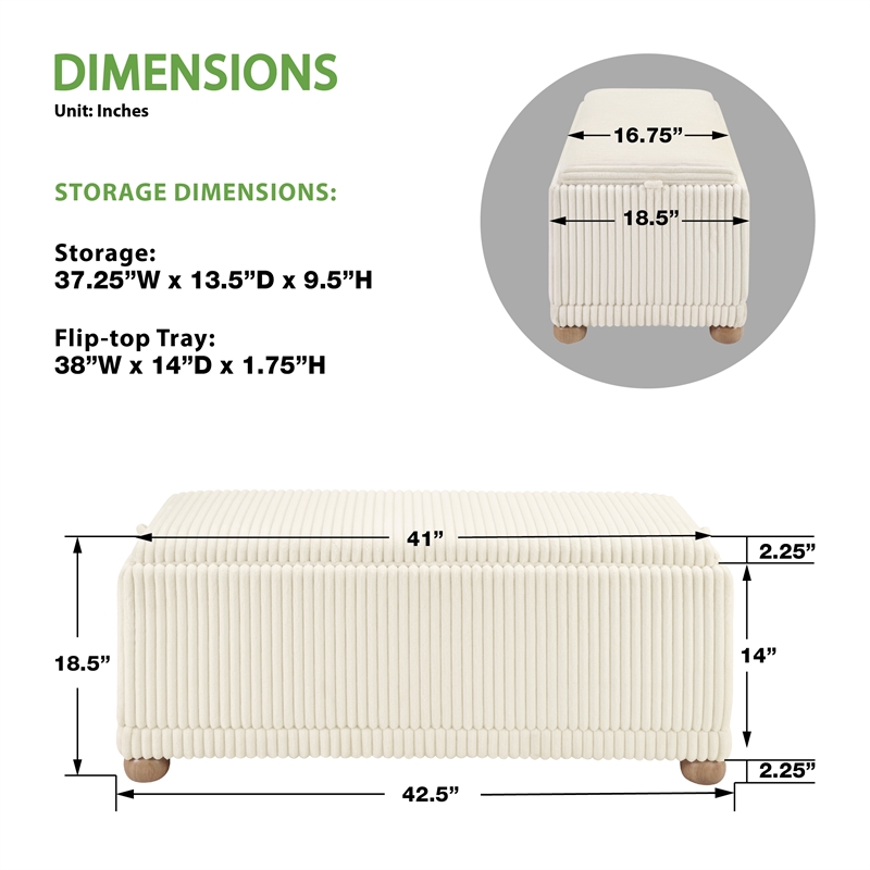 Sahara Flip Top Tray Storage Bench with Natural color wood and White Cord Fabric