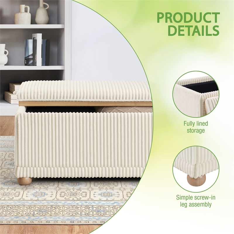 Sahara Flip Top Tray Storage Bench with Natural color wood and White Cord Fabric