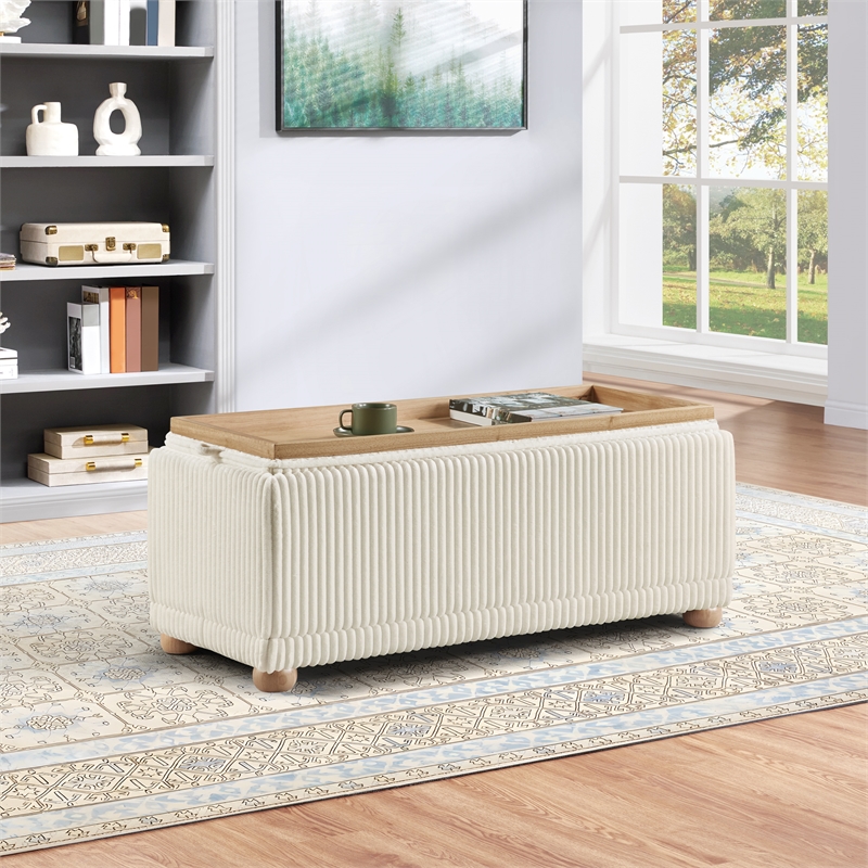 Sahara Flip Top Tray Storage Bench with Natural color wood and White Cord Fabric