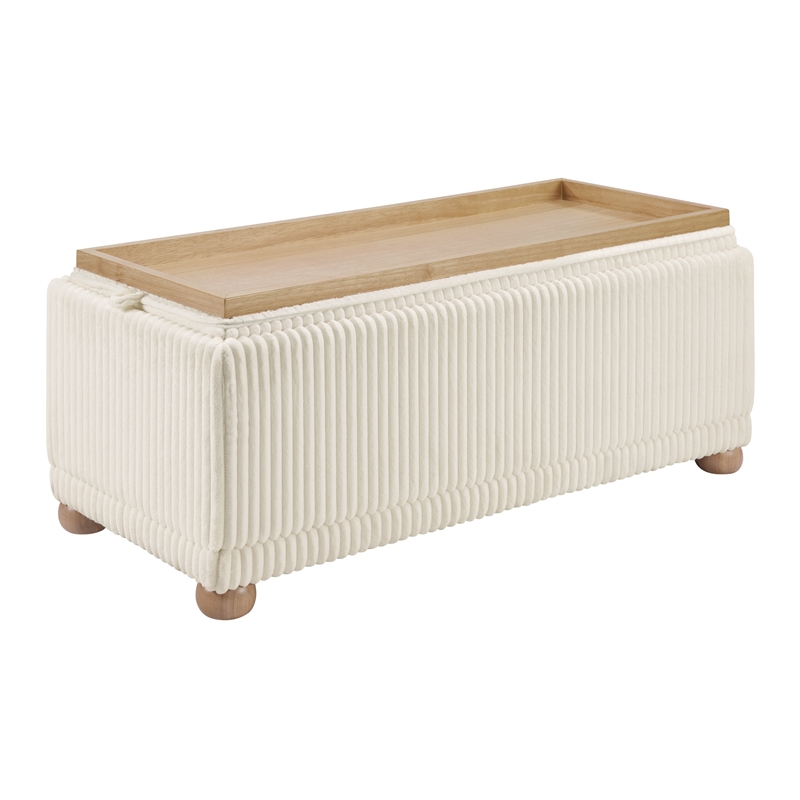 Sahara Flip Top Tray Storage Bench with Natural color wood and White Cord Fabric