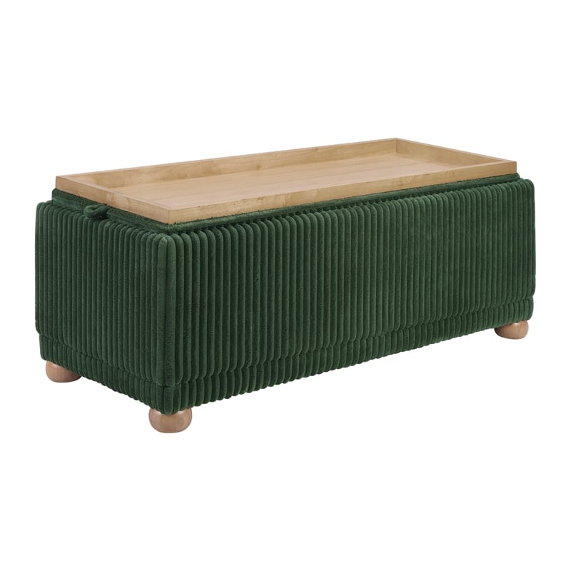 Sahara Flip Top Tray Storage Bench with Natural color wood and Green Cord Fabric