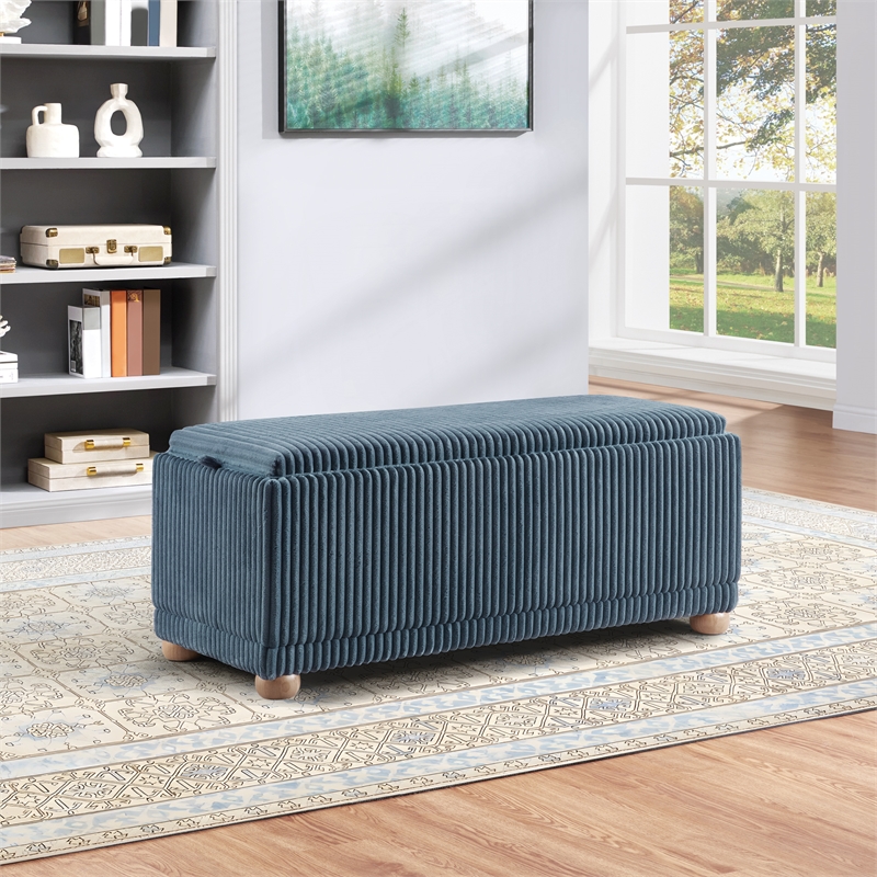 Sahara Flip Top Tray Storage Bench with Natural color wood and Blue Cord Fabric