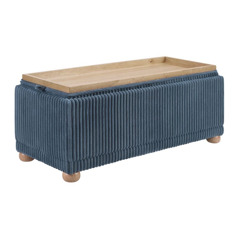 Sahara Flip Top Tray Storage Bench with Natural color wood and Blue Cord Fabric