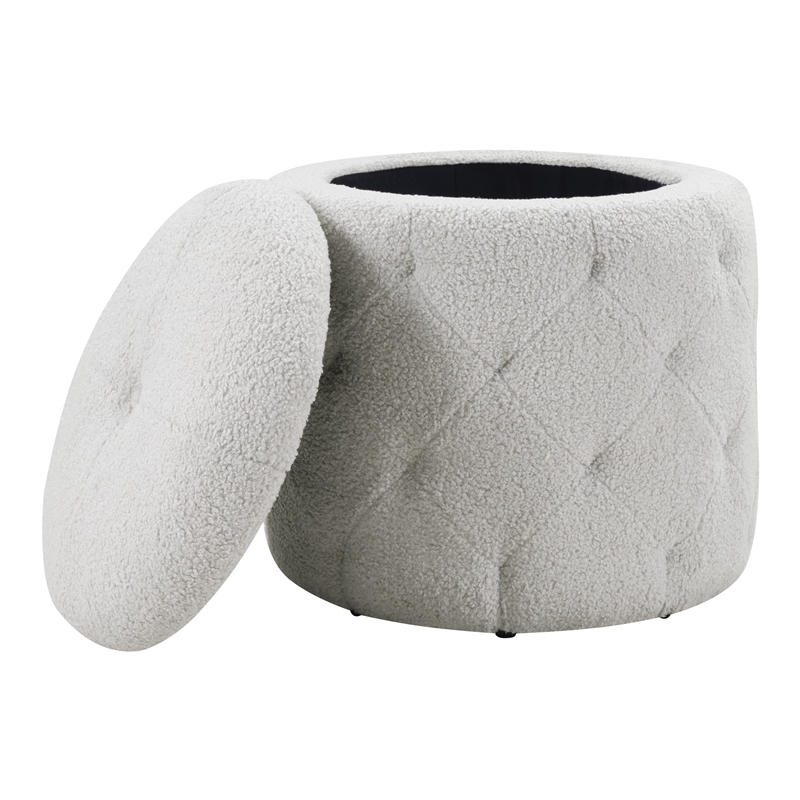 Erindale Round Storage Ottoman in Sherpa Fog Gray Fabric