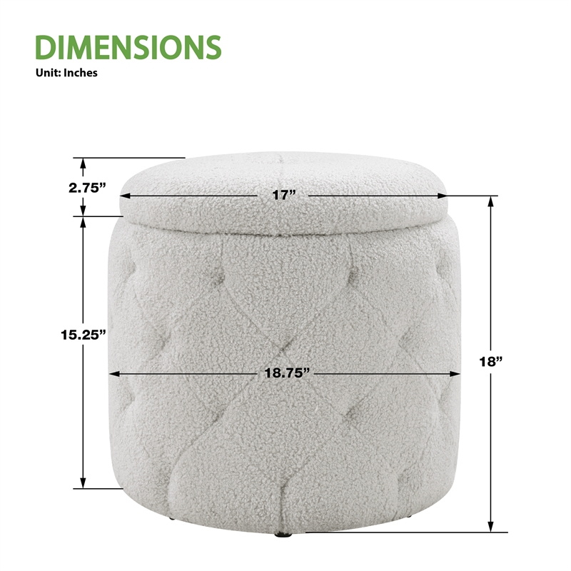 Erindale Round Storage Ottoman in Sherpa Fog Gray Fabric