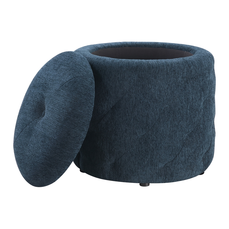 Erindale Round Storage Ottoman in Indigo Fabric