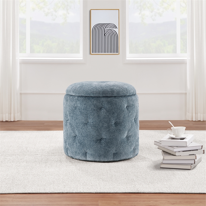 Erindale Round Storage Ottoman in Sky Fabric
