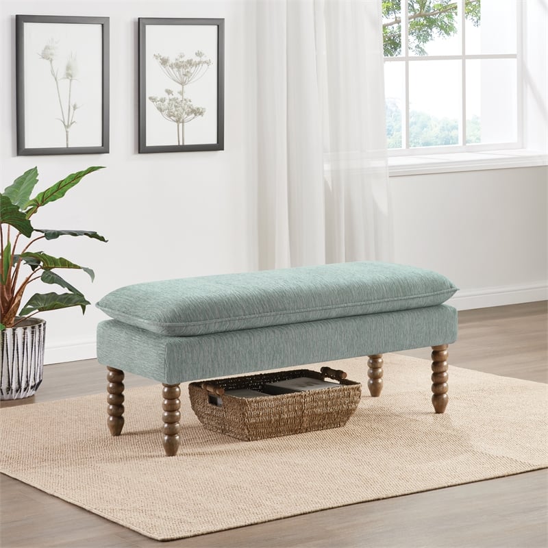 Selina Pillow Top Bench in Mist Green Fabric  Rustic Brown Finish Spindle Legs