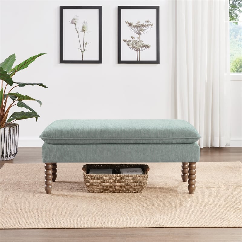 Selina Pillow Top Bench in Mist Green Fabric  Rustic Brown Finish Spindle Legs