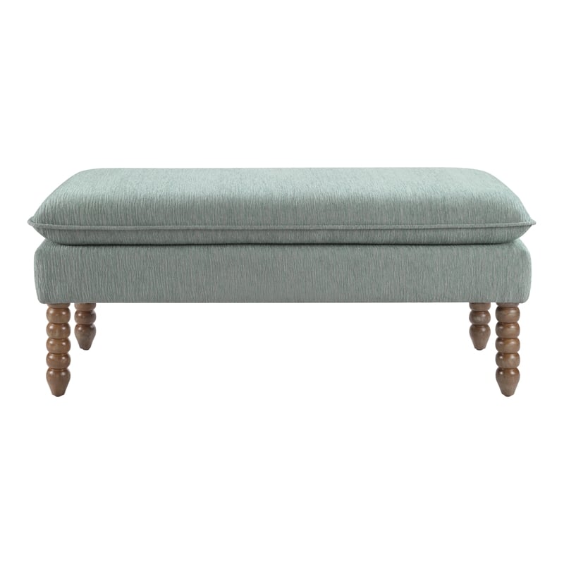 Selina Pillow Top Bench in Mist Green Fabric  Rustic Brown Finish Spindle Legs