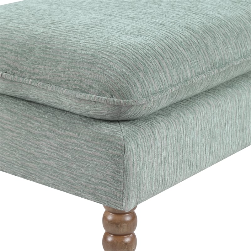 Selina Pillow Top Bench in Mist Green Fabric  Rustic Brown Finish Spindle Legs