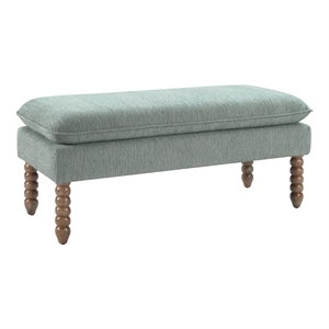 Selina Pillow Top Bench in Mist Green Fabric  Rustic Brown Finish Spindle Legs