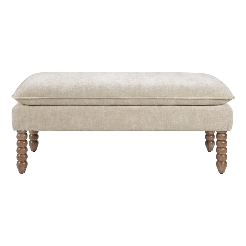 Selina Pillow Top Bench in Linen Cream Fabric Rustic Brown Finish Spindle Legs