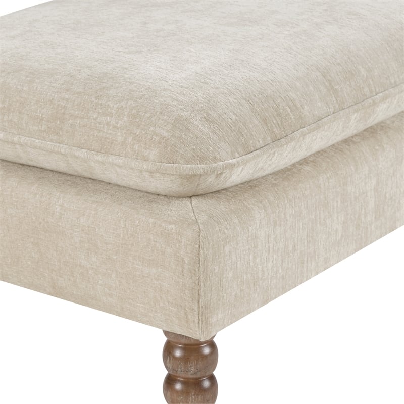Selina Pillow Top Bench in Linen Cream Fabric Rustic Brown Finish Spindle Legs