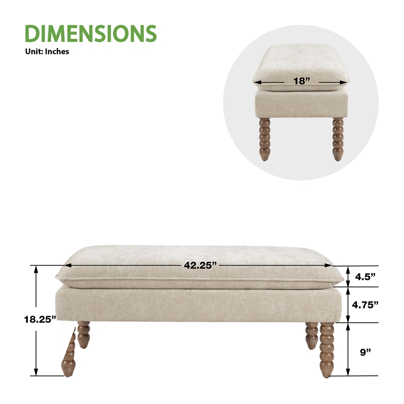 Selina Pillow Top Bench in Linen Cream Fabric Rustic Brown Finish Spindle Legs
