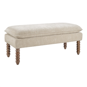 Selina Pillow Top Bench in Linen Cream Fabric Rustic Brown Finish Spindle Legs