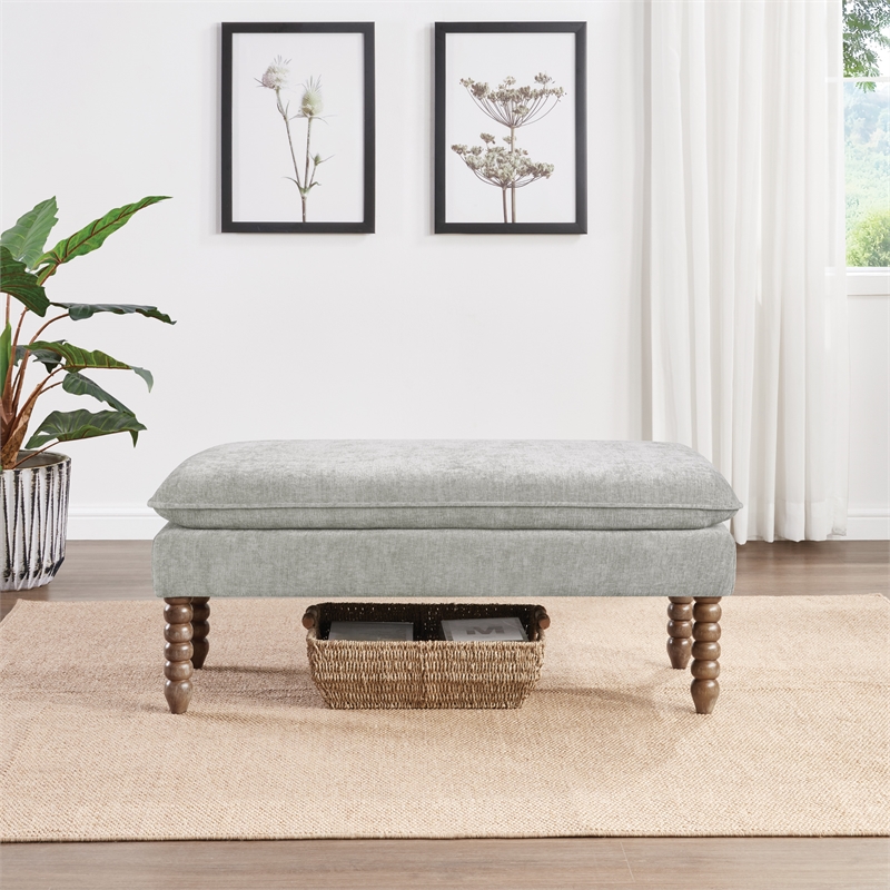 Selina Pillow Top Bench in Fog Gray Fabric With Rustic Brown Finish Spindle Legs