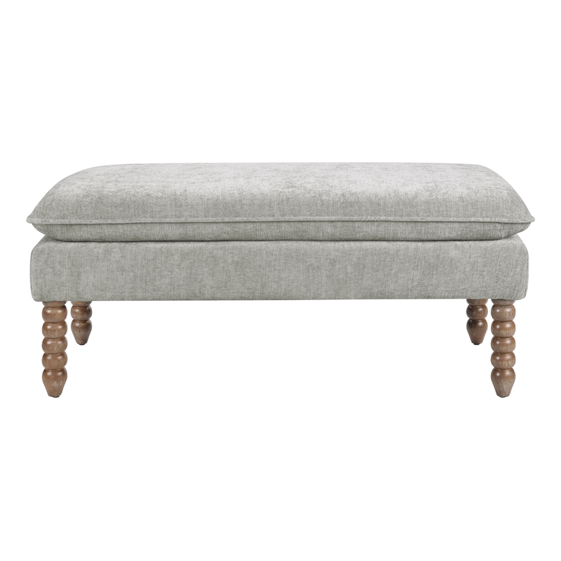 Selina Pillow Top Bench in Fog Gray Fabric With Rustic Brown Finish Spindle Legs
