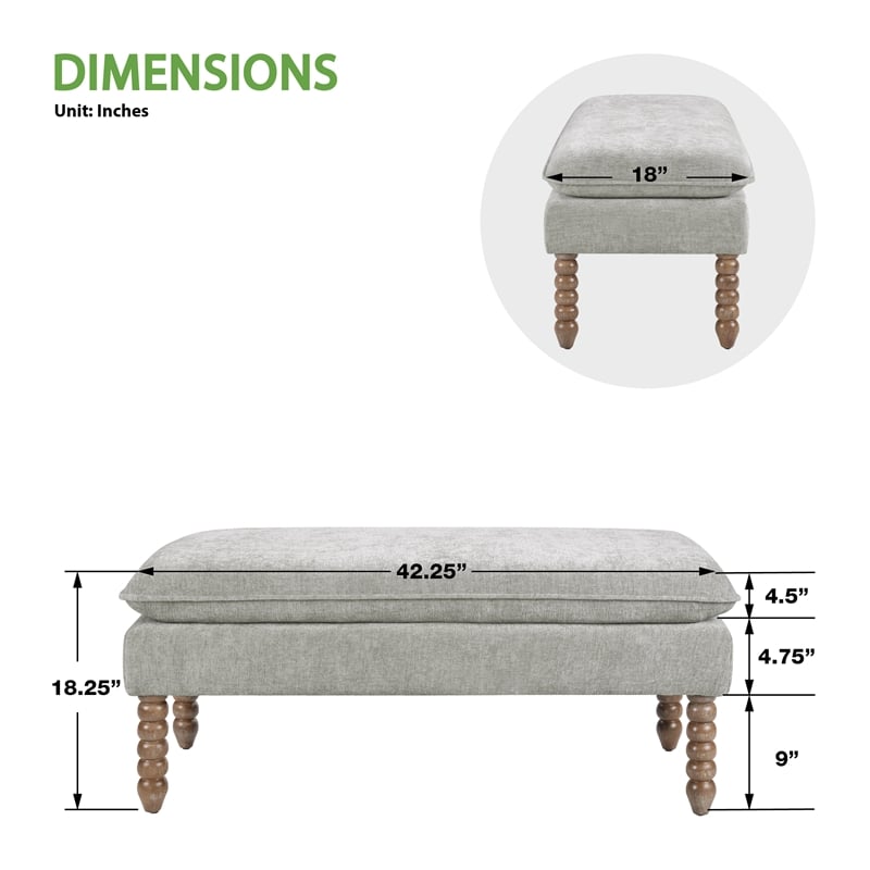 Selina Pillow Top Bench in Fog Gray Fabric With Rustic Brown Finish Spindle Legs