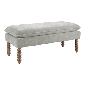 Selina Pillow Top Bench in Fog Gray Fabric With Rustic Brown Finish Spindle Legs