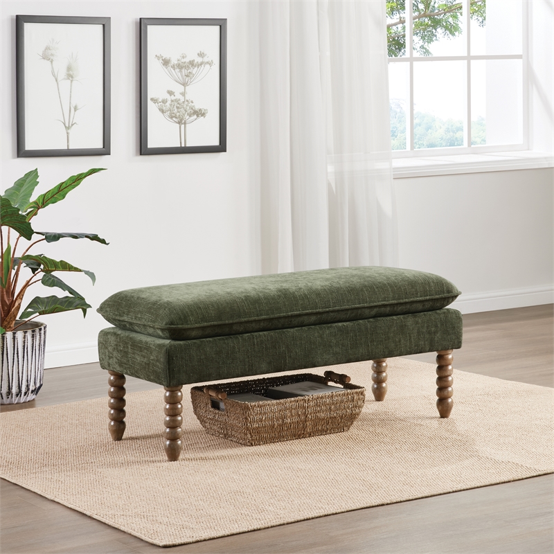 Selina Pillow Top Bench in Bottle Green Fabric Rustic Brown Finish Spindle Legs