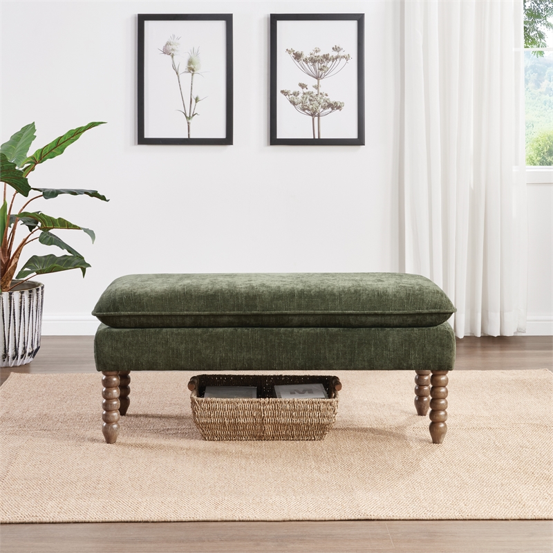 Selina Pillow Top Bench in Bottle Green Fabric Rustic Brown Finish Spindle Legs