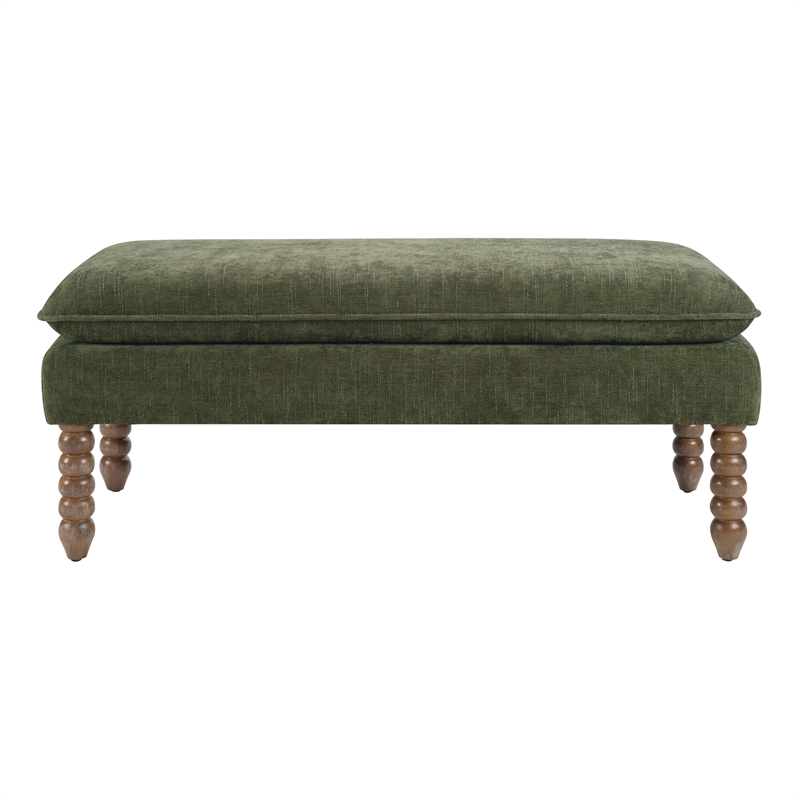 Selina Pillow Top Bench in Bottle Green Fabric Rustic Brown Finish Spindle Legs
