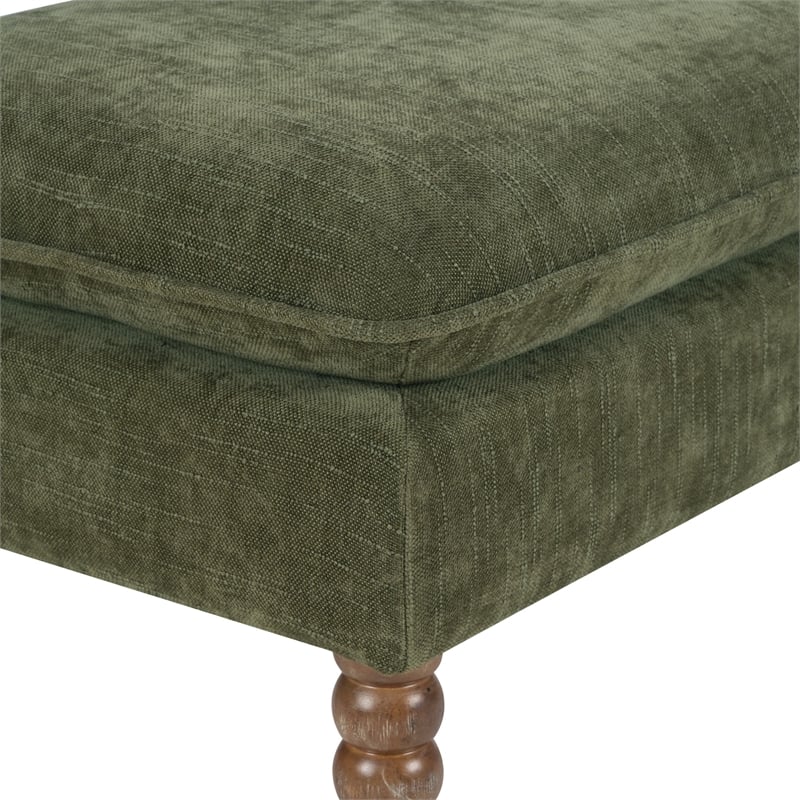 Selina Pillow Top Bench in Bottle Green Fabric Rustic Brown Finish Spindle Legs
