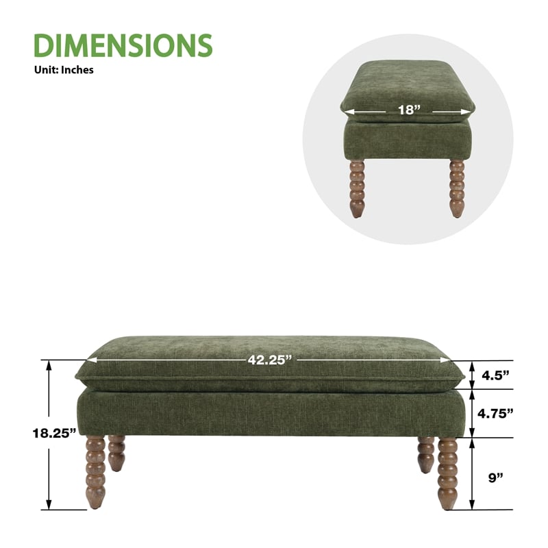 Selina Pillow Top Bench in Bottle Green Fabric Rustic Brown Finish Spindle Legs