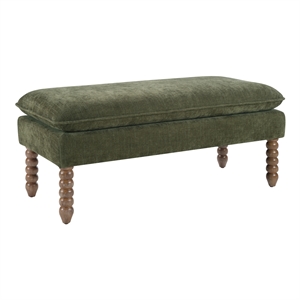 Selina Pillow Top Bench in Bottle Green Fabric Rustic Brown Finish Spindle Legs