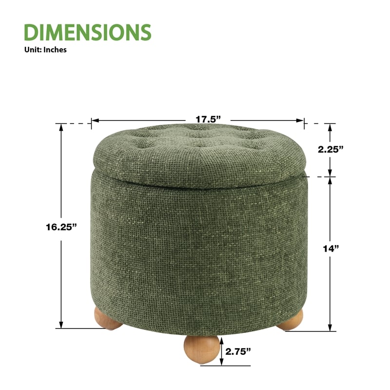 Naomi Storage Ottoman in Green Fabric with Natural Round Wood Feet