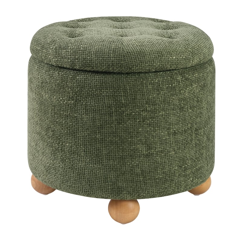 Naomi Storage Ottoman in Green Fabric with Natural Round Wood Feet