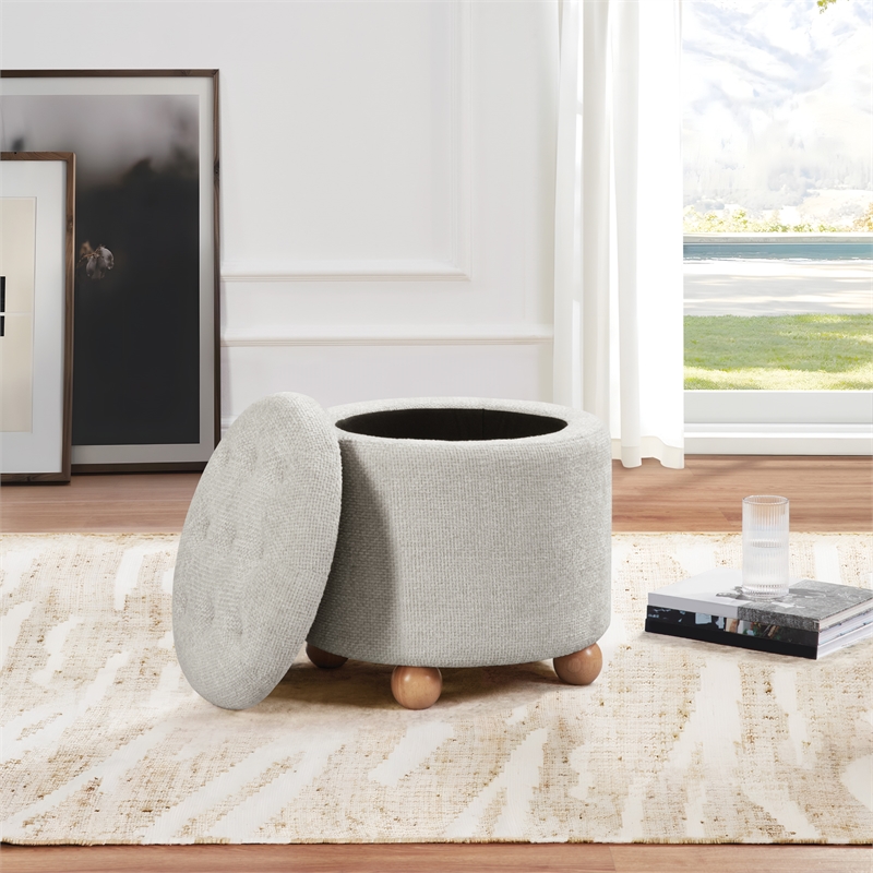Naomi Storage Ottoman in Cream Fabric with Natural Round Wood Feet