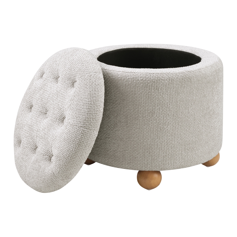 Naomi Storage Ottoman in Cream Fabric with Natural Round Wood Feet