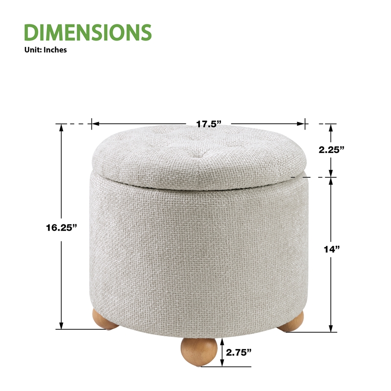 Naomi Storage Ottoman in Cream Fabric with Natural Round Wood Feet