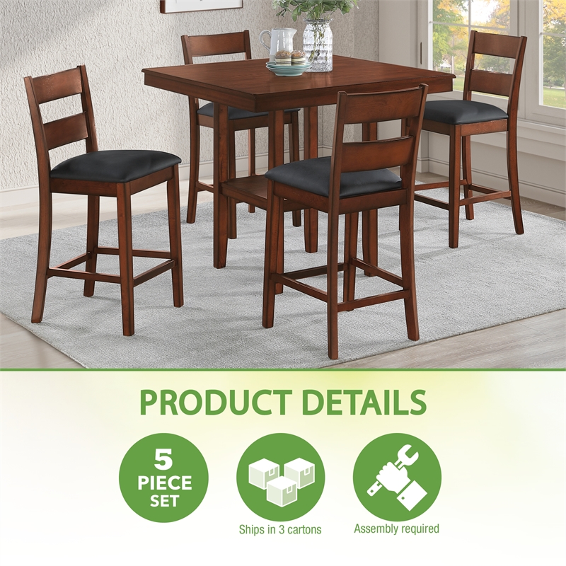 Carlson 5-PC Counter Height Dining Set  Blue Vinyl Fabric and Walnut Wood Finish
