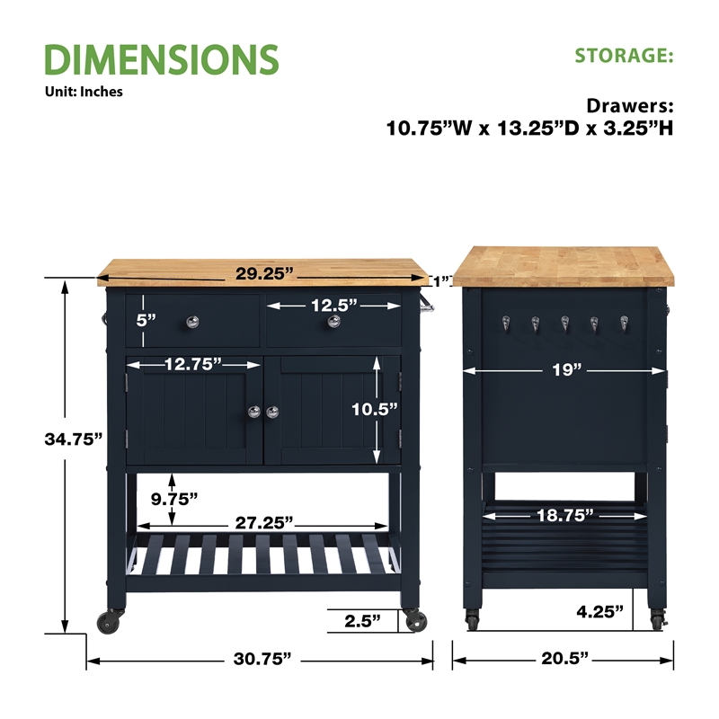 Stirling Kitchen Cart in Engineered Wood Blue Finish